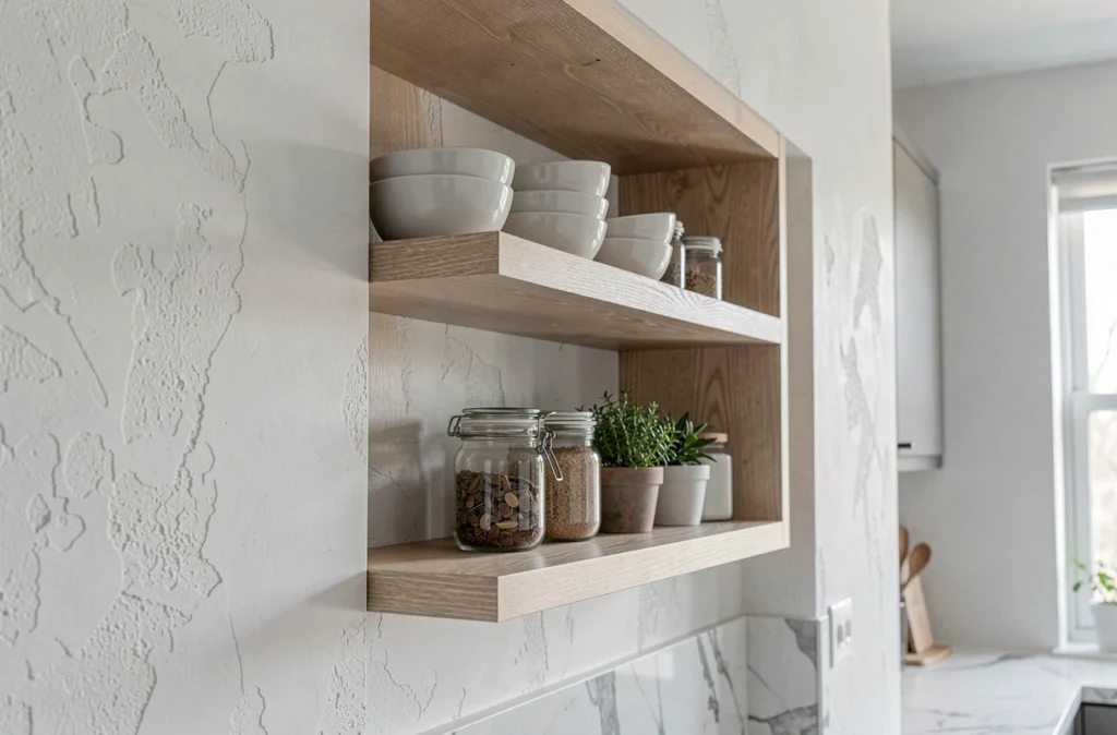 Rangements sur mesure en bois clair intégrés dans une niche murale de cuisine rénovée avec étagères ouvertes et accessoires décoratifs