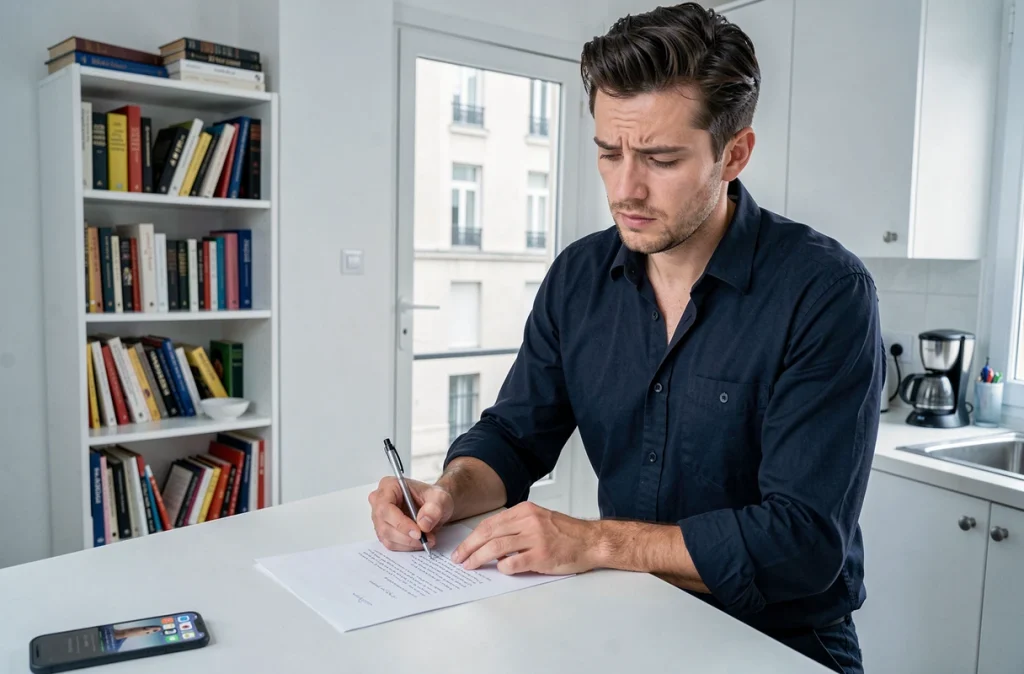 Locataire rédigeant une lettre de préavis réduit dans un appartement en zone tendue à Paris