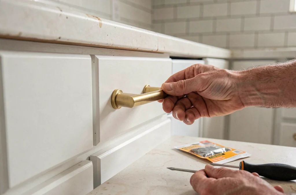Installation de nouvelles poignées en laiton brossé sur des tiroirs de cuisine pour une mise à jour simple et économique