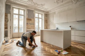 Artisan rénovant le parquet en chêne d'un appartement haussmannien avec moulures en plâtre d'origine préservées