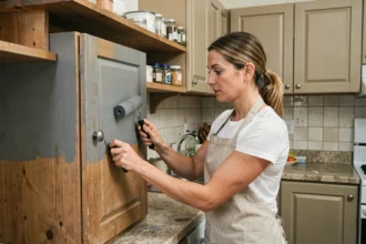 Femme repeignant des façades de cuisine en gris mat pour moderniser sa cuisine sans changer la structure
