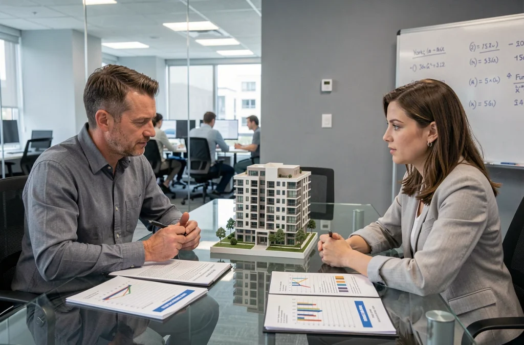 Deux professionnels discutent de stratégies avancées de cash-flow immobilier autour d'une table de réunion avec des projections financières
