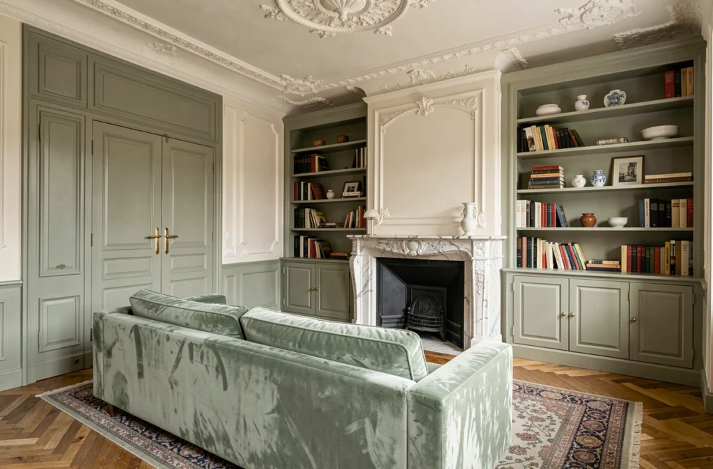 Salon d'appartement haussmannien rénové avec cheminée en marbre d'origine et moulures au plafond restaurées