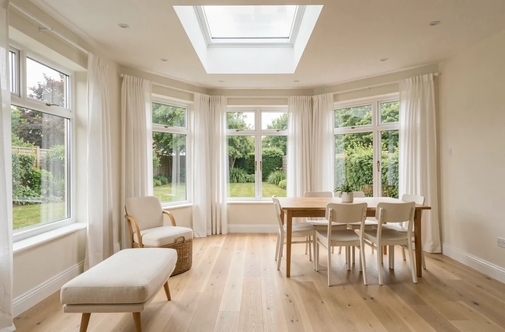 Séjour rénové avec puits de lumière et baies vitrées optimisant l'apport de lumière naturelle dans un espace ouvert moderne