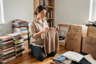 Femme triant ses affaires par catégories sur le sol de son appartement avant un déménagement