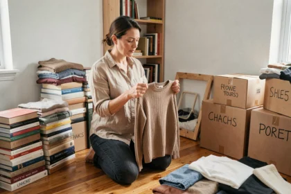 Femme triant ses affaires par catégories sur le sol de son appartement avant un déménagement
