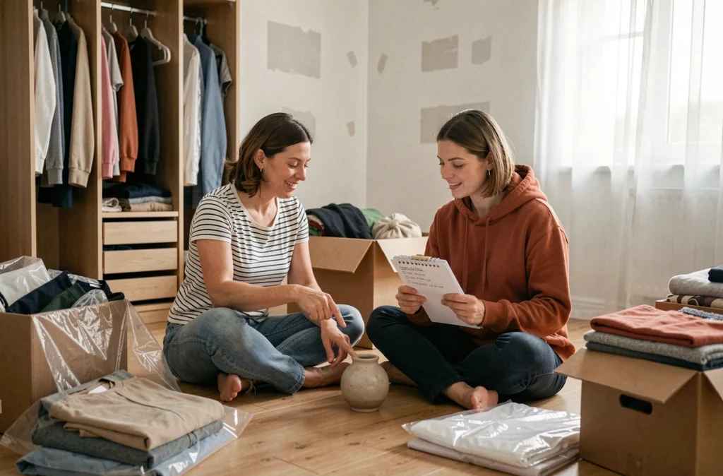 Deux femmes triant ensemble les objets d'une chambre lors de la préparation d'un déménagement