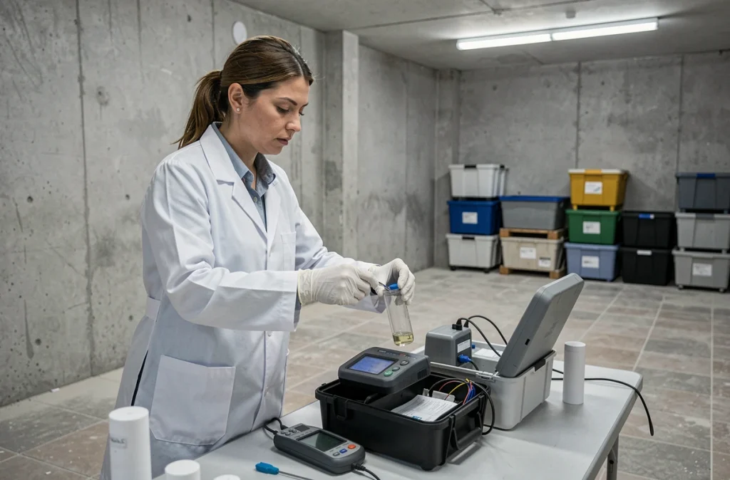Scientifique d'AC Environnement analysant la qualité de l'air dans un local commercial avant rénovation