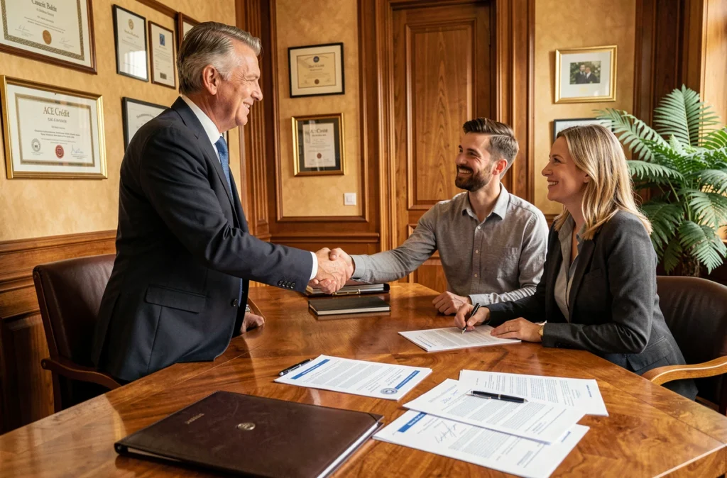 Un courtier ACE Crédit conclut un accord de financement immobilier avec un couple de clients dans un bureau classique.