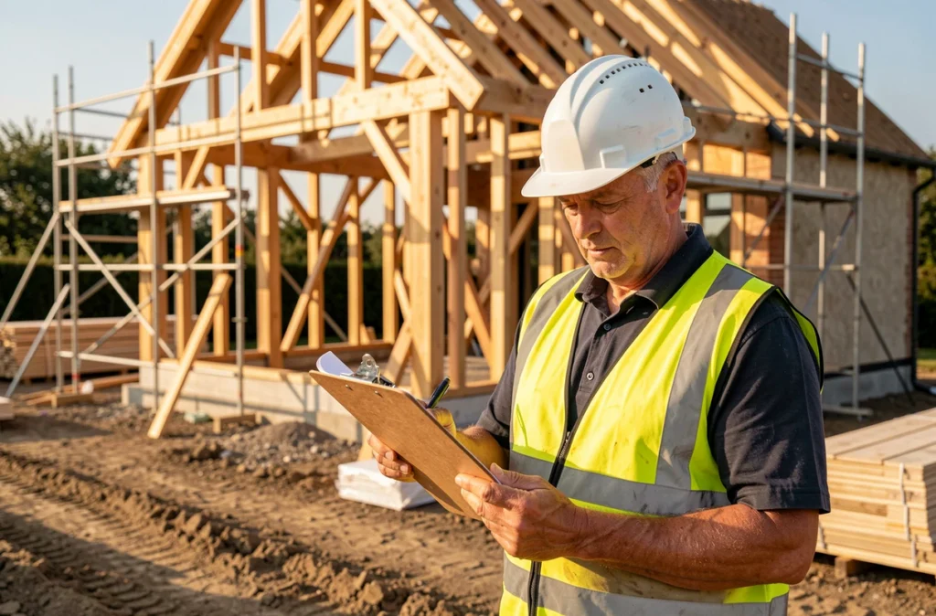 Chef de chantier Art Construction supervisant la construction d'une maison à ossature bois en Charente-Maritime