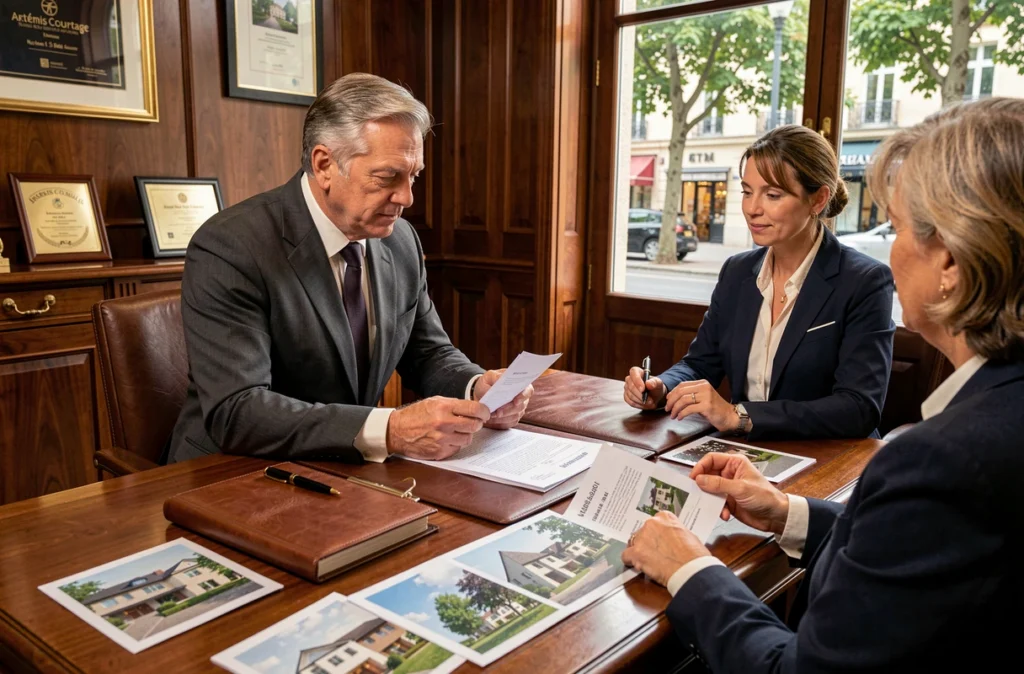 Un courtier senior d'Artémis Courtage examine un dossier d'investissement immobilier avec un couple dans un cabinet haut de gamme.