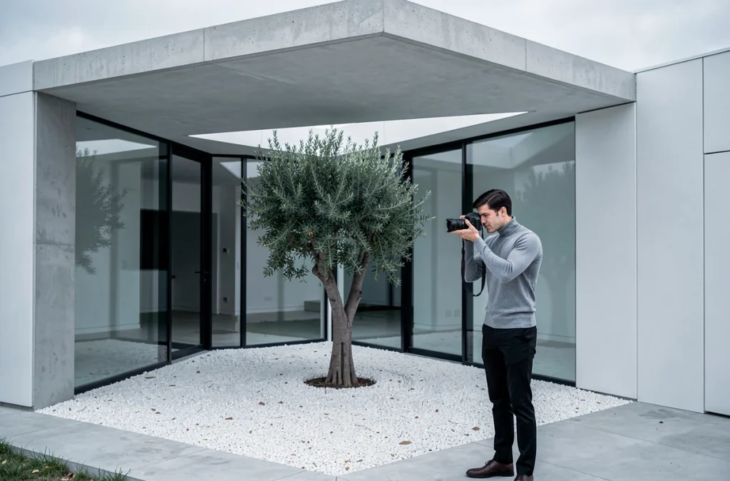 Maison contemporaine minimaliste conçue par Atelier Novembre avec cour intérieure et olivier