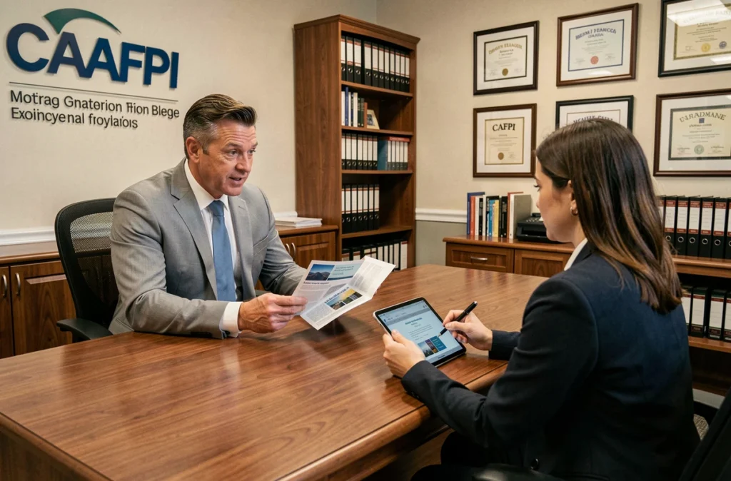 Un courtier CAFPI présente des solutions de prêt immobilier à un couple dans une agence professionnelle.