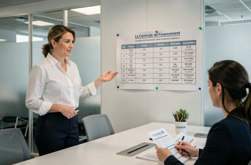 Une conseillère de La Centrale de Financement explique un tableau comparatif de prêts à un client dans une agence moderne.