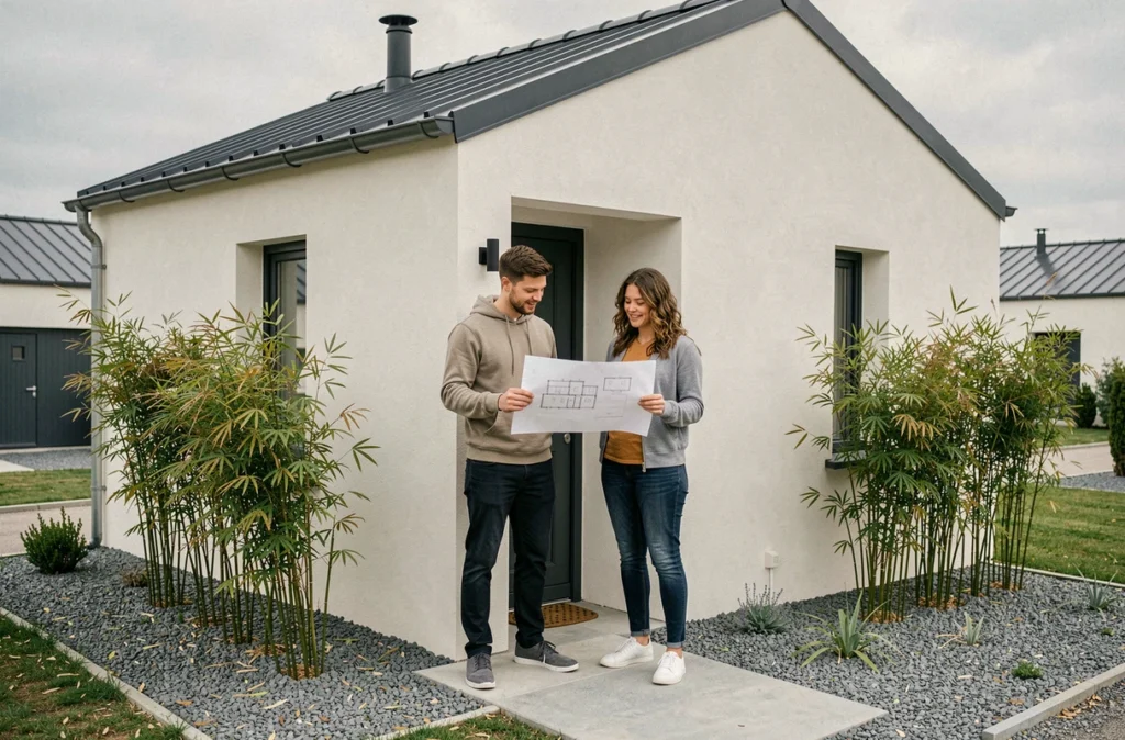 Jeune couple devant leur maison neuve construite par Compao dans un lotissement de Charente-Maritime