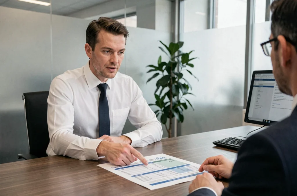 Conseiller bancaire SG expliquant une simulation de crédit immobilier à un client en agence