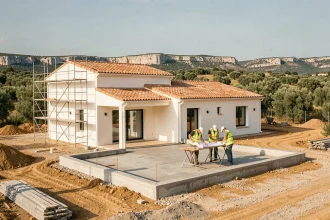 Constructeur de maison individuelle à Montpellier avec chantier en cours sur fond de paysage méditerranéen