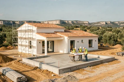 Constructeur de maison individuelle à Montpellier avec chantier en cours sur fond de paysage méditerranéen