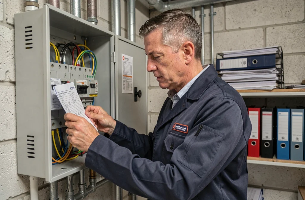 Spécialiste de Contr'Alsace Diagnostic contrôlant le tableau électrique d'un immeuble résidentiel
