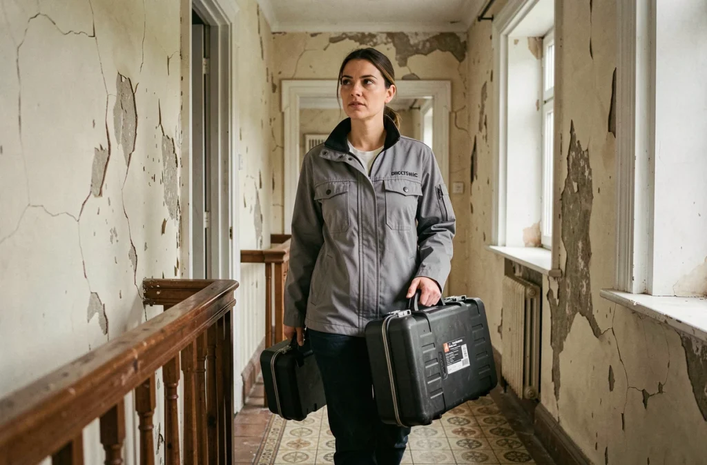 Diagnostiqueure de Cosenza inspectant le couloir d'un immeuble résidentiel ancien