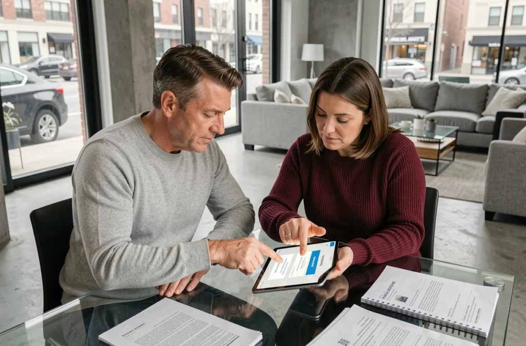 Couple étudiant ensemble une offre de prêt immobilier SG sur une tablette numérique dans leur appartement