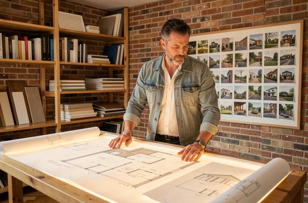 Architecte de Créa Concept travaillant sur des plans de maison personnalisée dans un bureau créatif