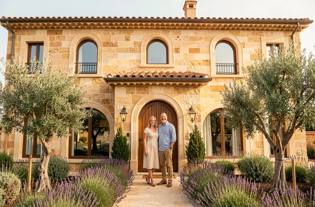 Maison de style occitan construite par Demeures d'Occitanie avec couple devant l'entrée
