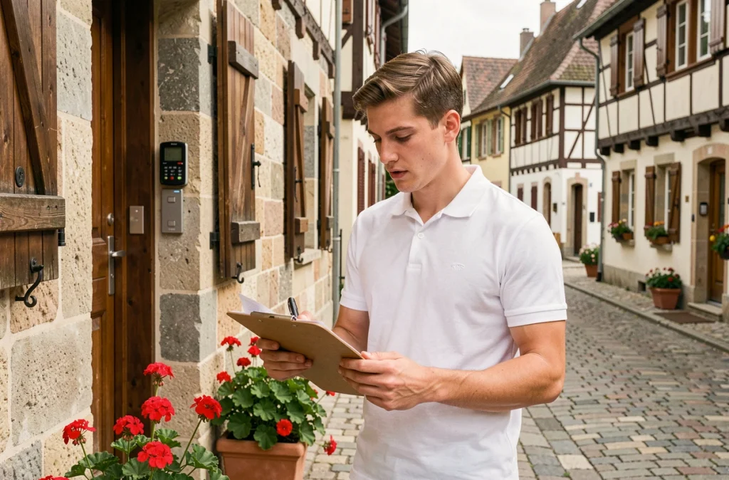 Diagnostiqueur de Diag Precision Alsace devant une maison alsacienne traditionnelle en grès rose