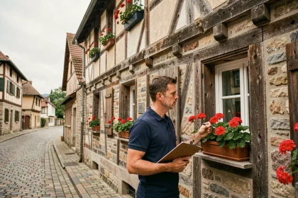 Diagnostiqueur immobilier professionnel inspectant une maison alsacienne à colombages dans le Haut-Rhin