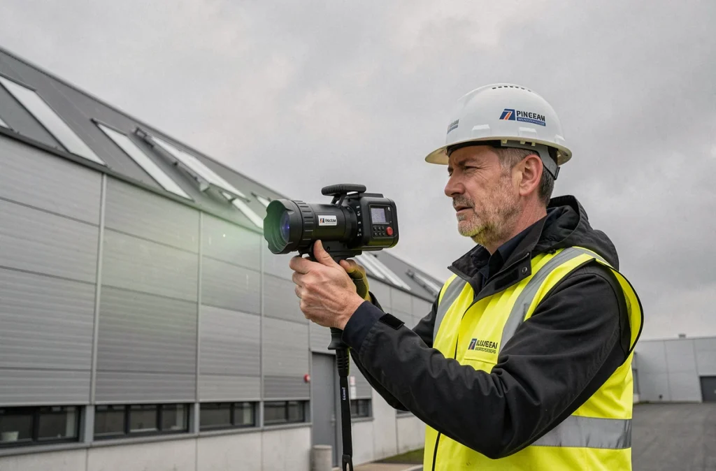 Ingénieur technique d'Ekium utilisant une caméra thermique sur un bâtiment industriel alsacien