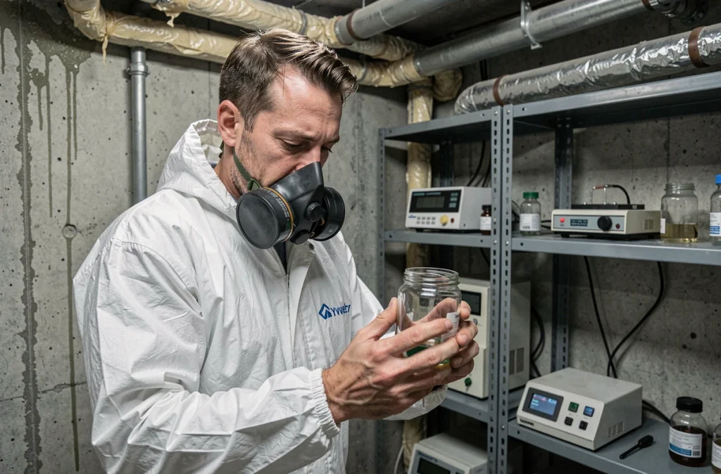 Consultant d'Enviro Consult prélevant des échantillons environnementaux dans une cave de bâtiment