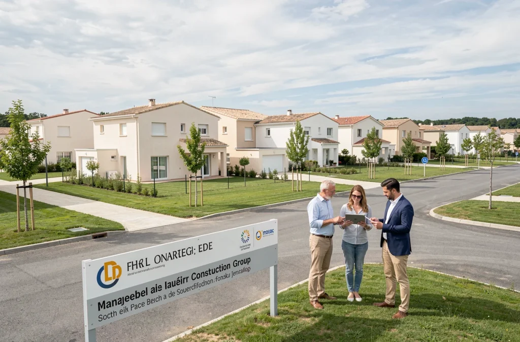 Lotissement résidentiel développé par le Groupe Hexaom avec équipe de projet devant les maisons