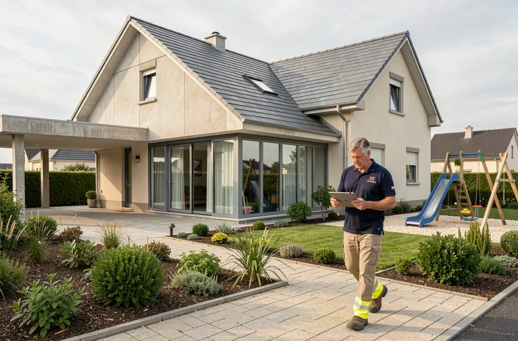 Responsable de projet Hexaom inspectant une maison individuelle neuve en Charente-Maritime