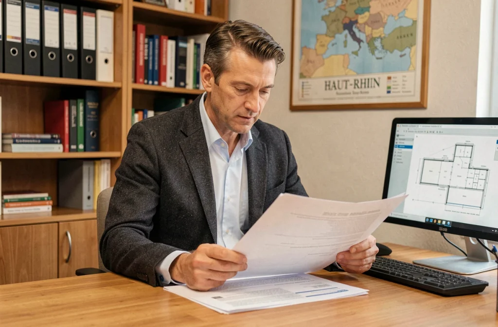 Expert de Husser Et Associés analysant des rapports de diagnostic immobilier dans son bureau du Haut-Rhin
