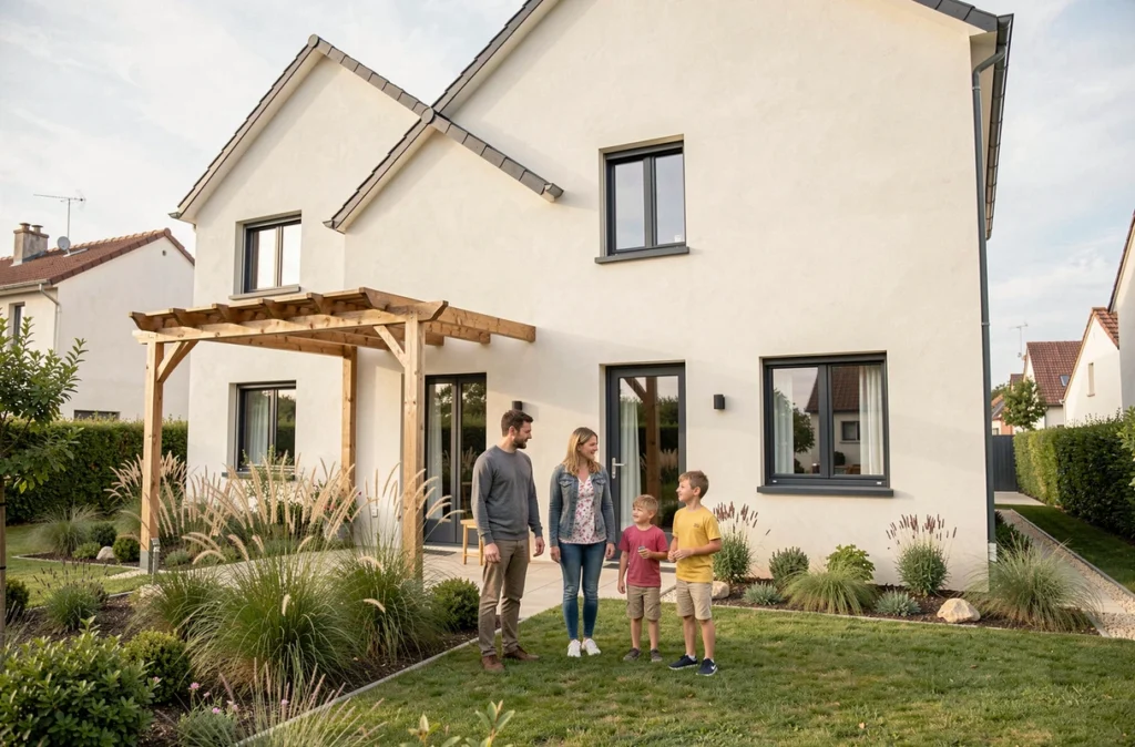 Famille devant leur maison neuve construite par Maisons Aréba en Charente-Maritime