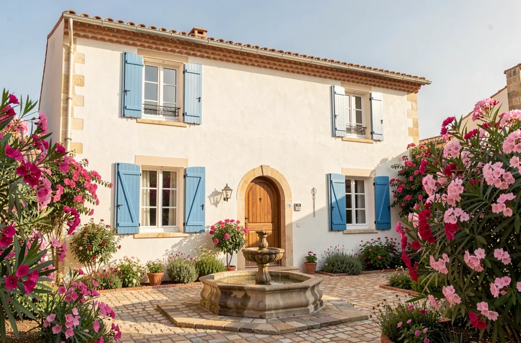 Maison méditerranéenne aux volets bleus construite par Maisons Azur près de Royan en Charente-Maritime
