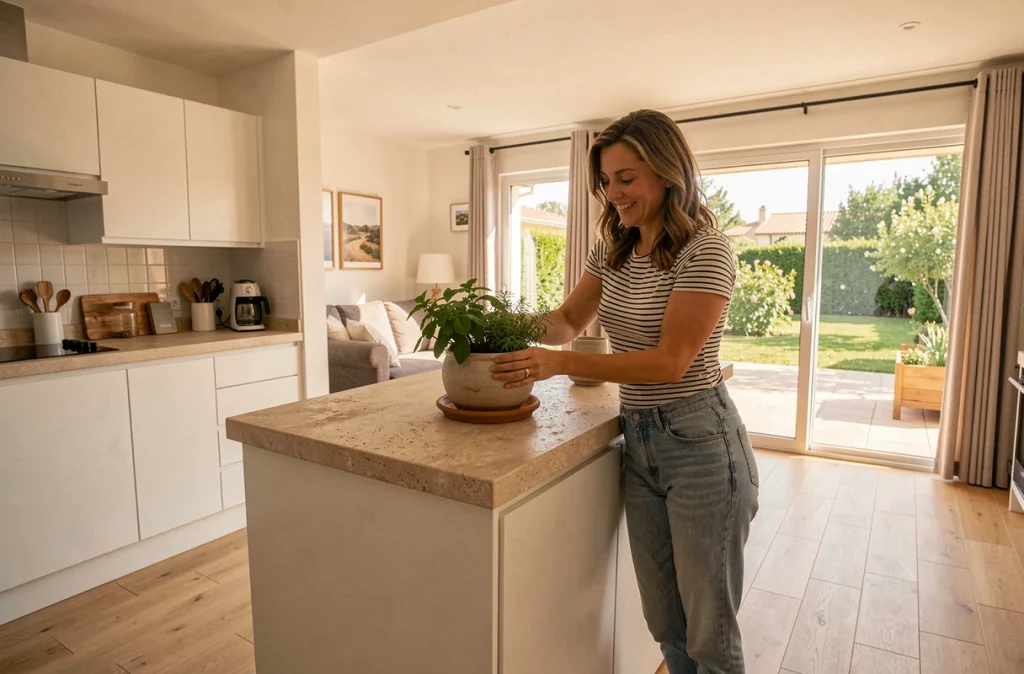 Intérieur moderne d'une maison France Confort avec cuisine ouverte et terrasse ensoleillée