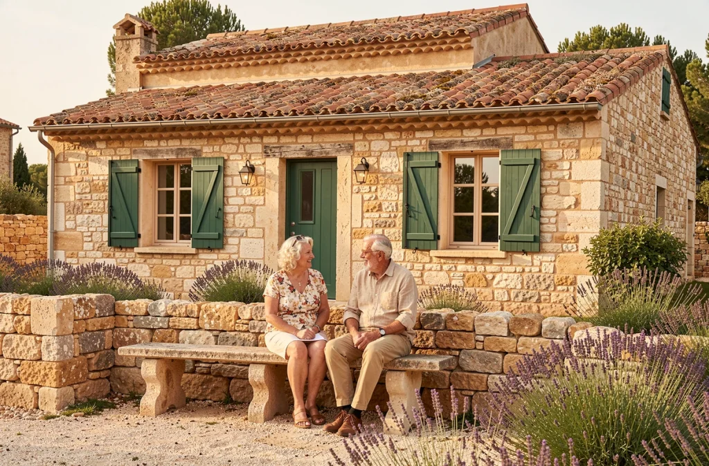 Maison de style languedocien en pierre constrite par Maisons Languedociennes avec couple devant la façade