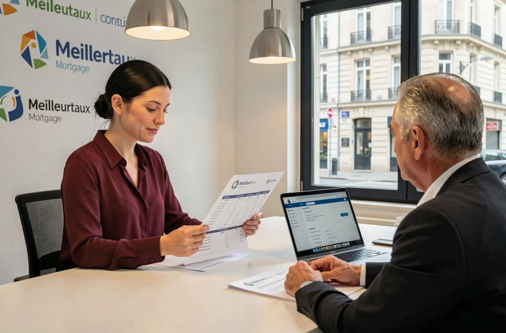Une conseillère Meilleurtaux compare des offres de prêt immobilier avec un client dans une agence professionnelle.