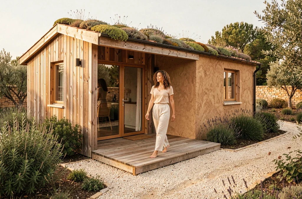Maison écologique aux matériaux naturels construite par Pieds Nus Habitat avec terrasse en bois