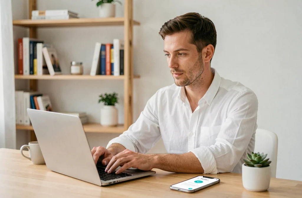 Un courtier Pretto effectue une simulation de prêt immobilier en ligne depuis un bureau épuré et moderne.
