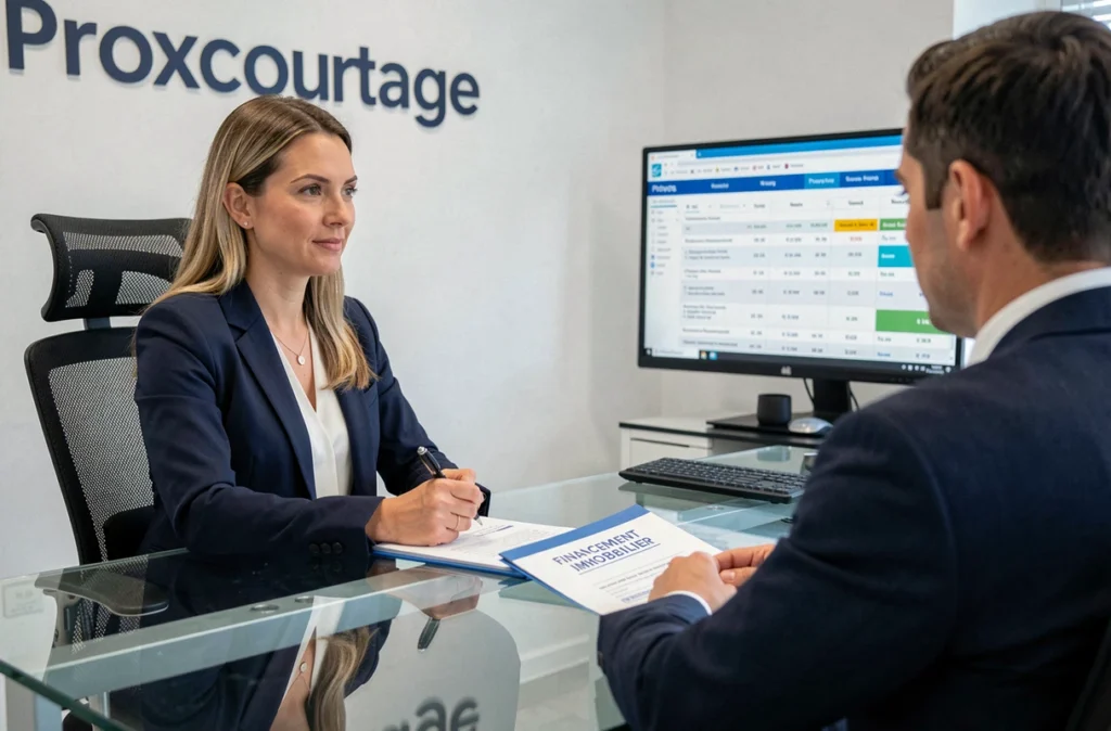 Une conseillère de Proxcourtage accompagne un client dans ses démarches de financement immobilier dans une agence moderne.
