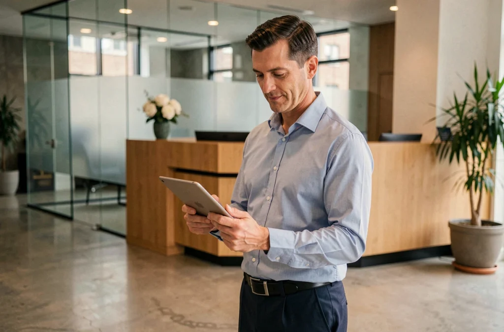 Expert du Safar Group consultant une tablette numérique dans un immeuble de bureaux moderne