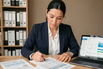 Femme analysant une simulation de crédit immobilier SG sur des documents bancaires imprimés à son bureau