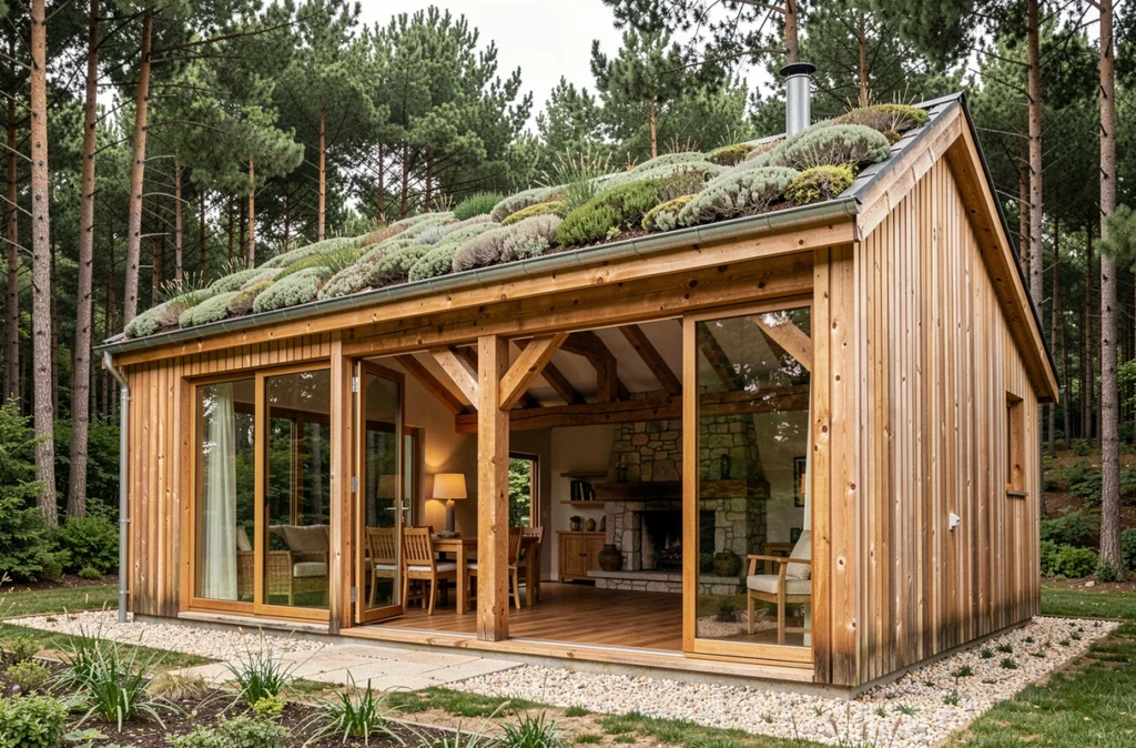Maison en bois avec toiture végétalisée construite par Trecobois dans la forêt de Charente-Maritime