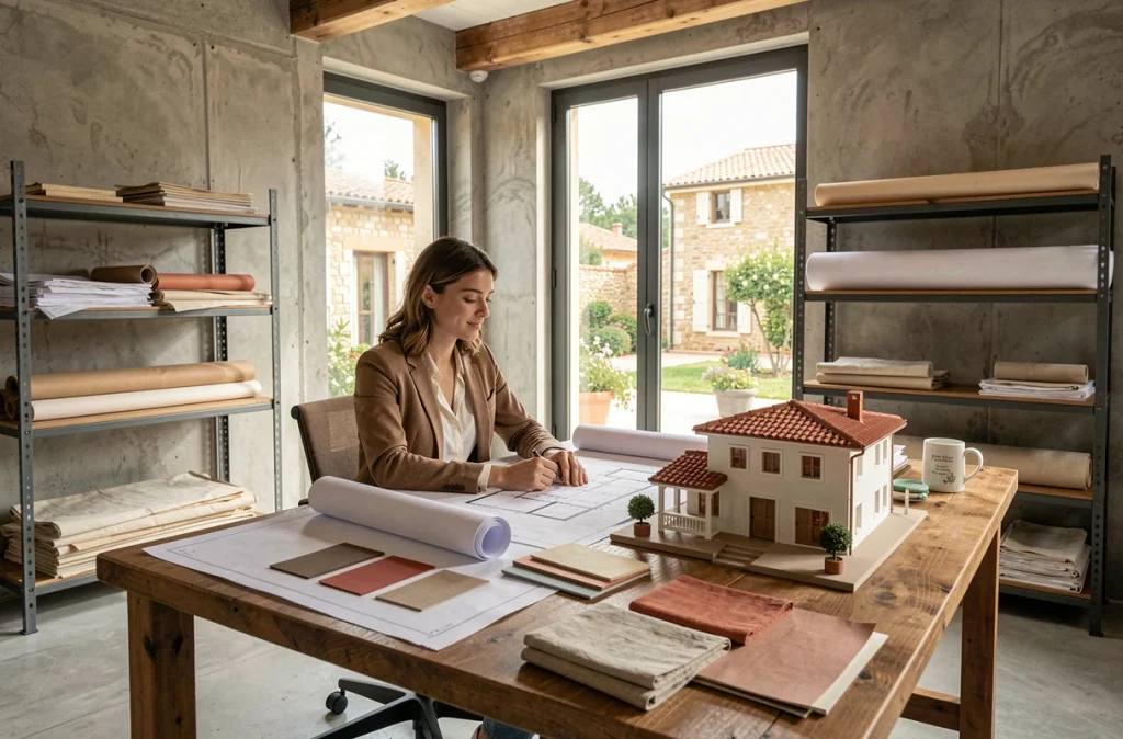 Conceptrice de villa travaillant sur des plans méditerranéens dans un studio de conception à Montpellier