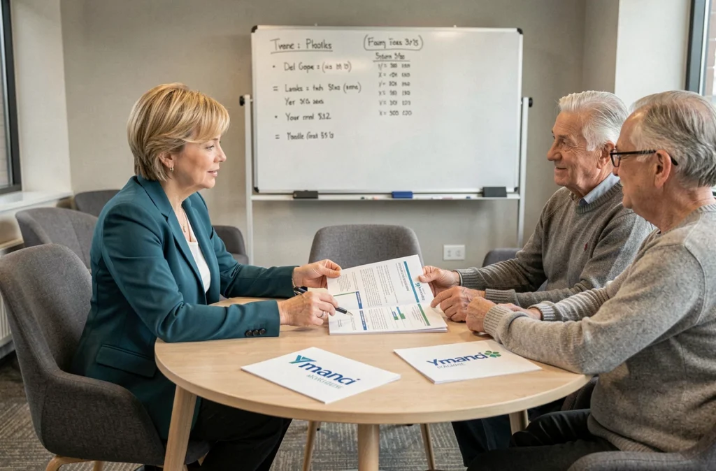 Une spécialiste Ymanci présente une proposition de financement immobilier à un couple dans une salle de réunion moderne.