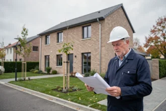 Architecte devant une maison individuelle neuve construite par un constructeur dans la Somme