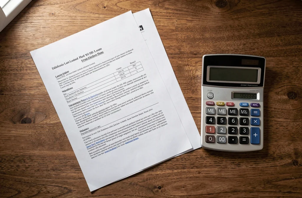 Documents d'offre de prêt et calculatrice posés sur un bureau