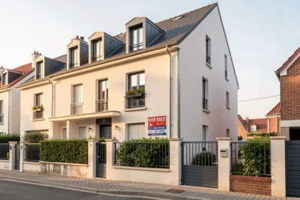 Façade d'une maison à vendre sous une lumière douce du matin